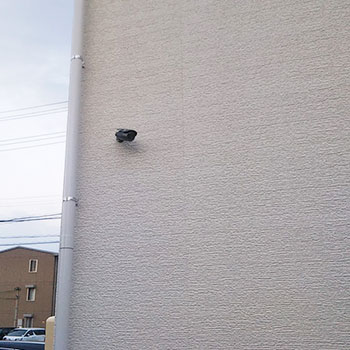 クリニックの外壁にバレット型の防犯カメラ。駐車場も監視します。